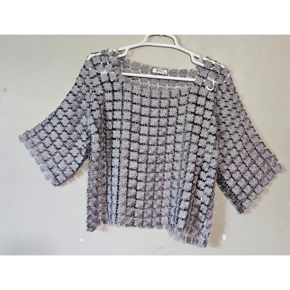 Why Dress Silver Metallic Floral Crochet Open Knit Mesh Top‎ S/M Boho Shimmer